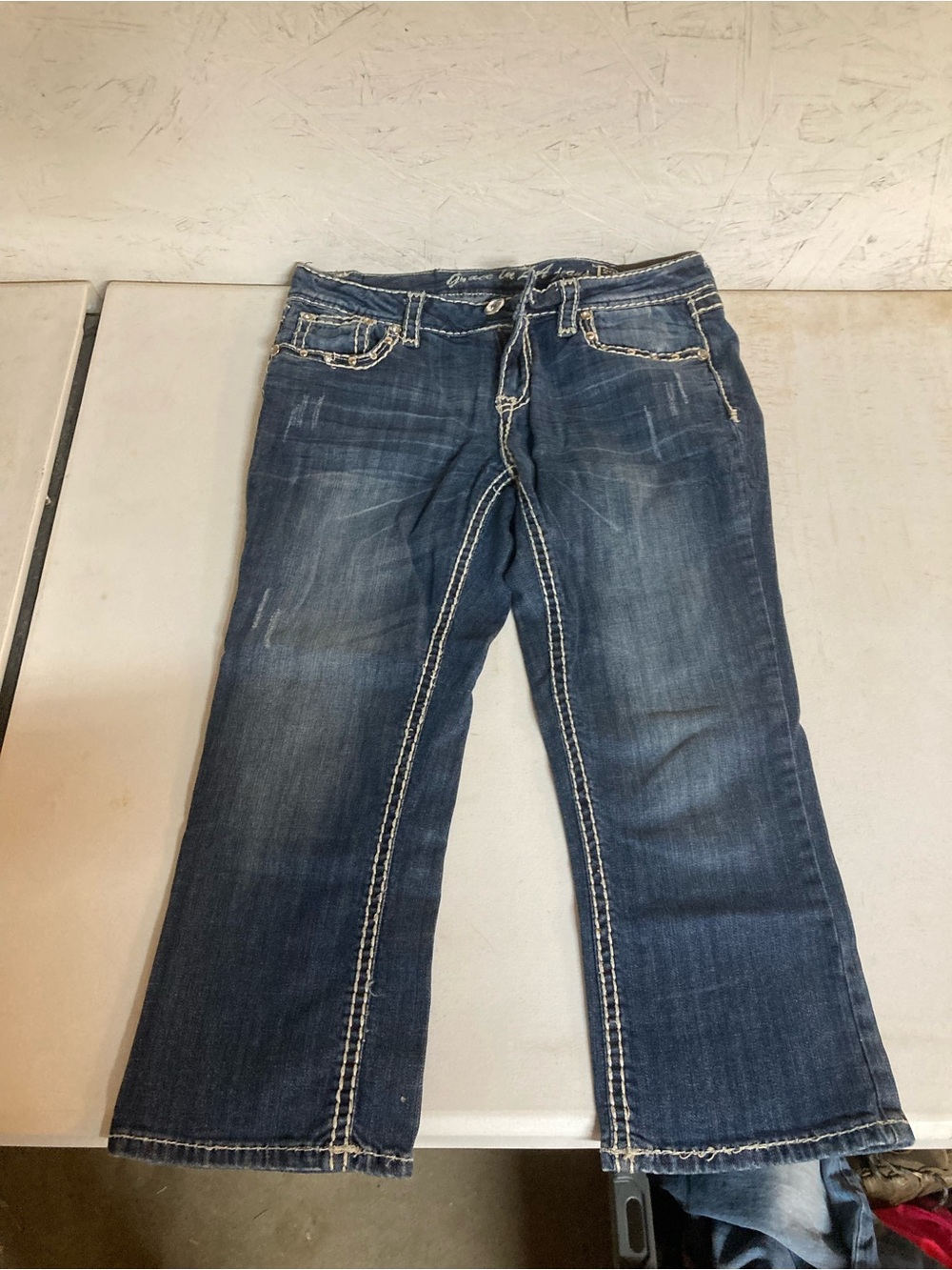 Grace in LA Dark Blue Flare Jeans with White Contrast Stitching